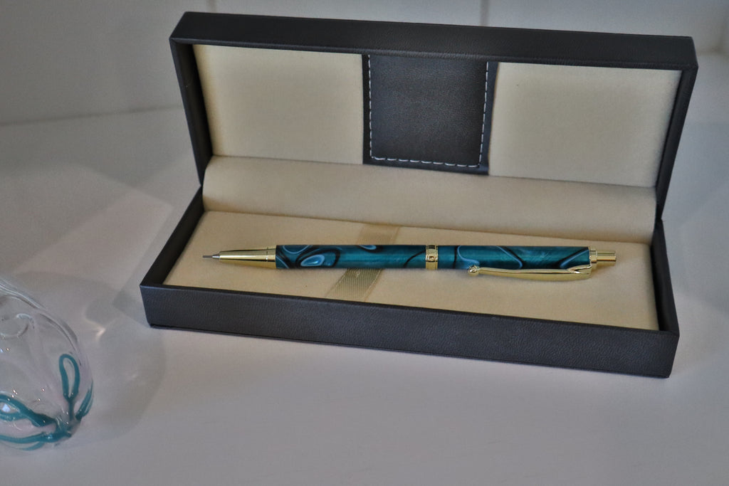 Handmade Blue Marbled Click Pencil