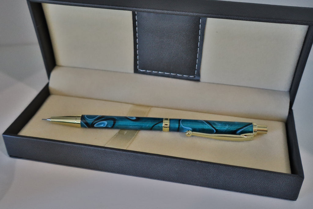 Handmade Blue Marbled Click Pencil