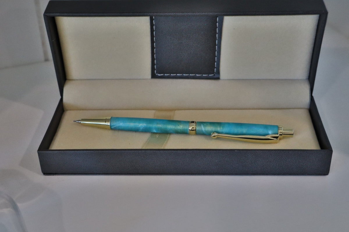 Handmade aqua marbled click pencil with gold-tone fittings in presentation case