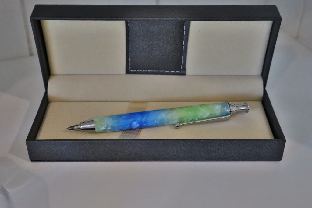Handmade blue and green marbled 5.6 mm artist clutch pencil in presentation case