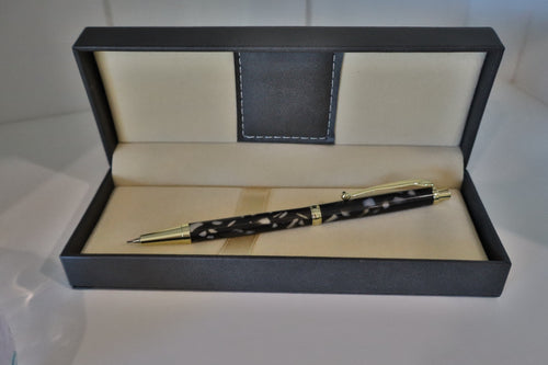 Handmade black acrylic click pencil with gold-tone fittings in presentation case