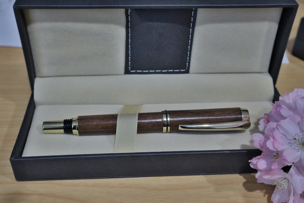 Handmade walnut JR Gents style rollerball pen capped in presentation case